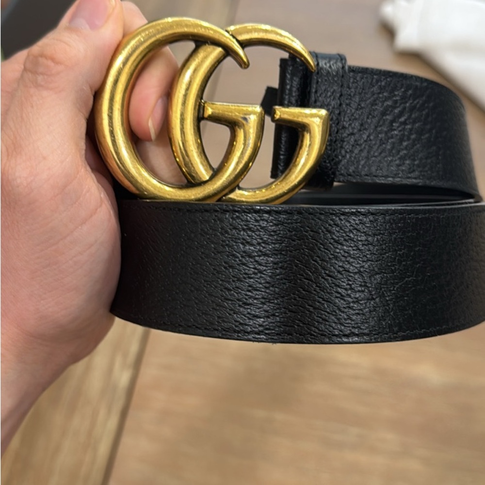 Black Leather Belt with Gold Buckle